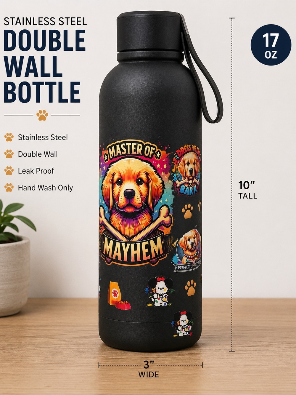 Master of Mayhem Black Stainless Steel Dog Water Bottle - 17oz
